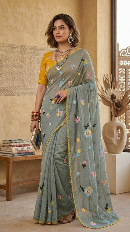Earthy Sage Floral Embroidered Pure Mul Chanderi Saree with Blouse Fabric