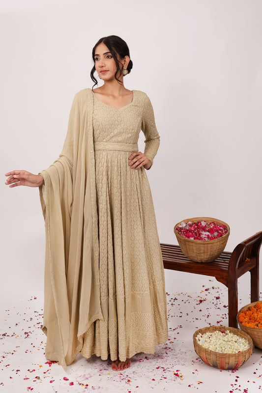 Opulent Heavy Embroidered Chikankari Anarkali with Dupatta & Belt