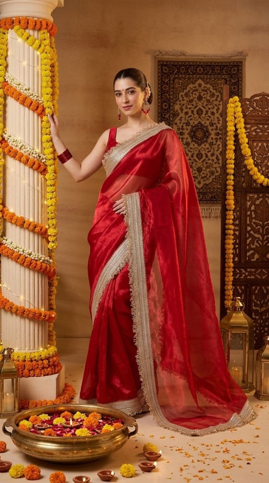 Ravishing Scarlet Radiance Tissue Saree with Luxe Hand Embellished Border