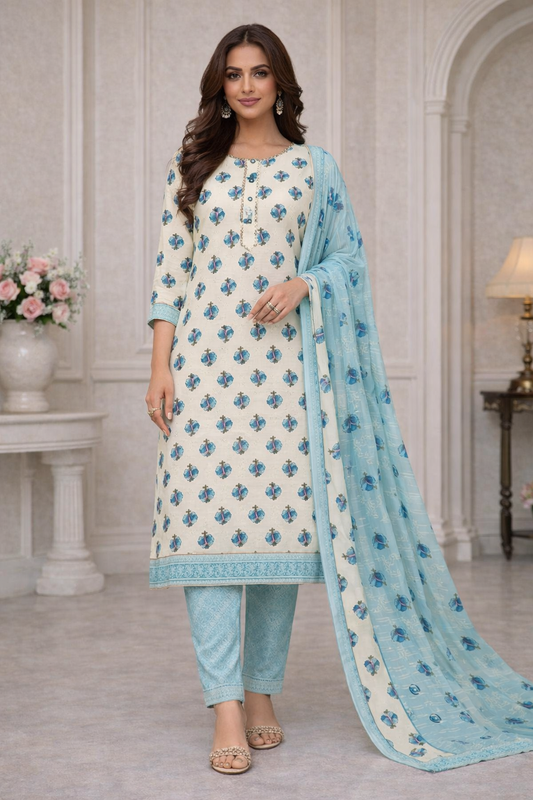 Sky Bloom Printed Cotton Unstitched Suit Set
