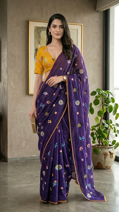 Rangrez Violet Floral Embroidered Pure Mul Chanderi Saree with Embroidered Blouse Piece