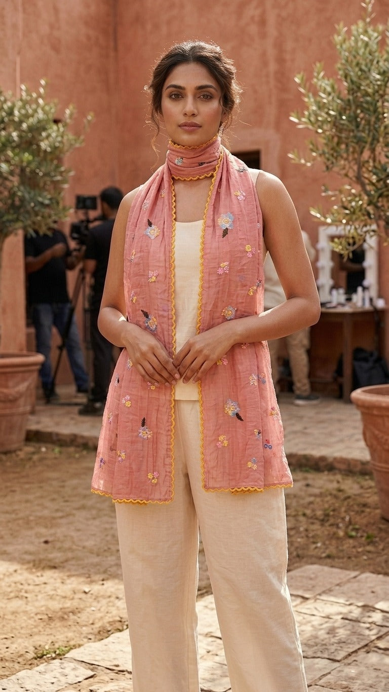 Elegant Blush Floral Embroidered Mul Chanderi Lace Stole