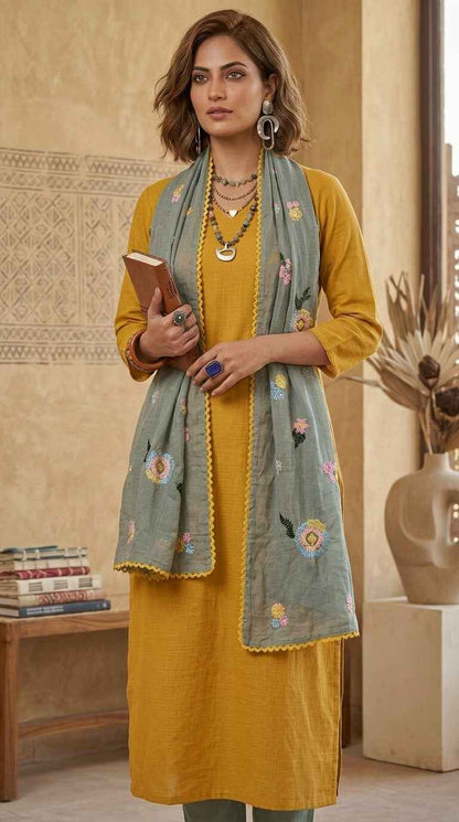Boho Bloom Floral Mul Chanderi Embroidered Lace Stole