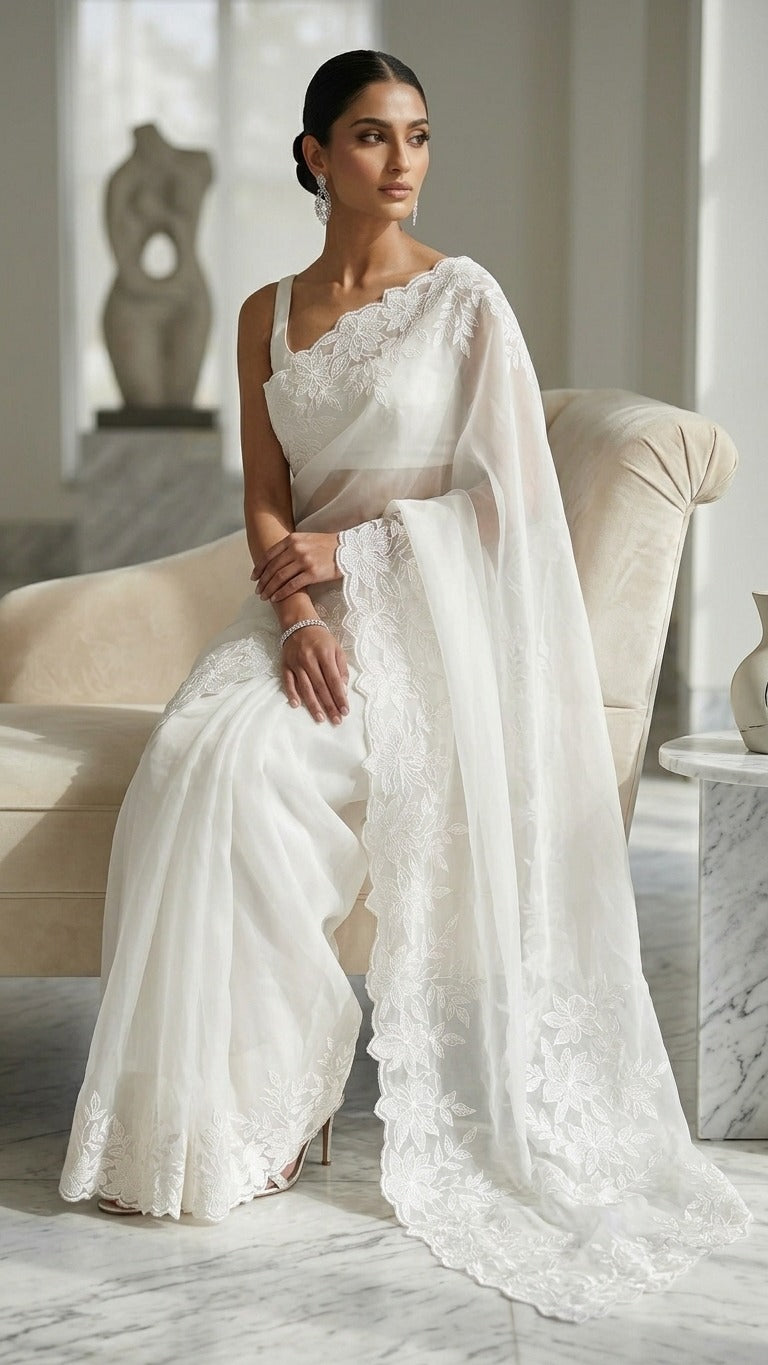 Pristine White Organza Saree with Delicate Floral Embroidery & Blouse Fabric