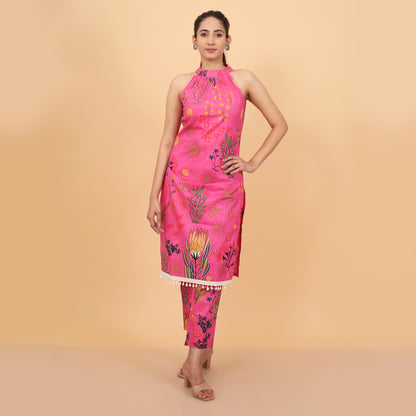 Whimsical Floral Halter Neck Kurta and Pant