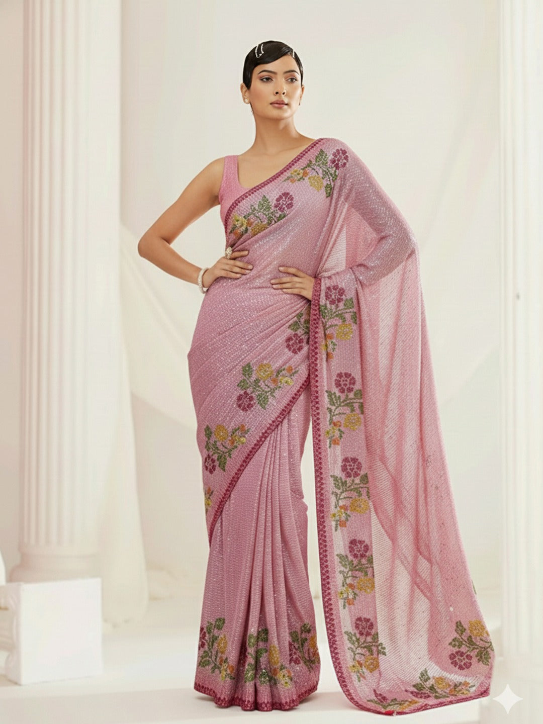 Pink Rose Mist Floral Embellished Luxe Sequins Saree with Blouse Fabric