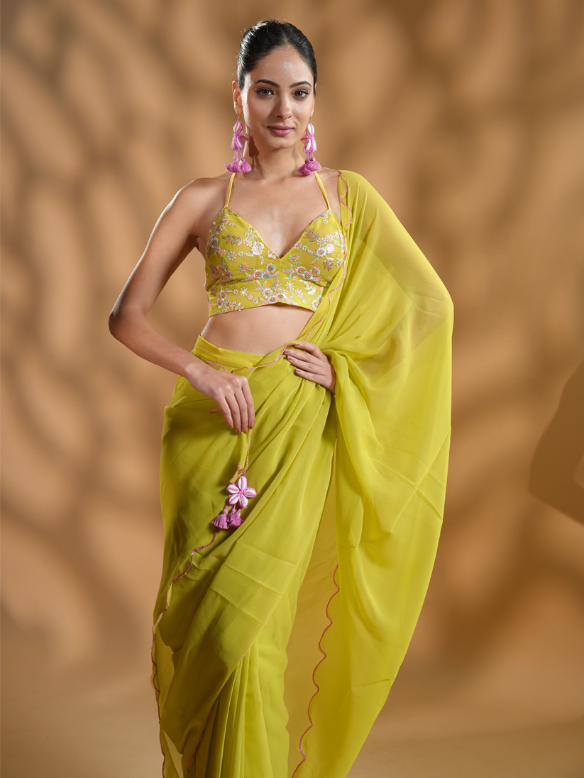 Radiant Georgette Ready to Wear Saree with Embroidered Blouse Fabric and Tassels