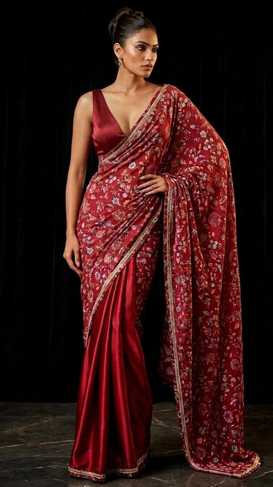 Crimson Floral Embroidered Cut Dana Silk Saree with Embellished Border & Blouse Fabric