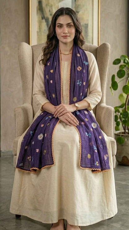 Royal Purple Floral Mul Chanderi Embroidered Lace Stole