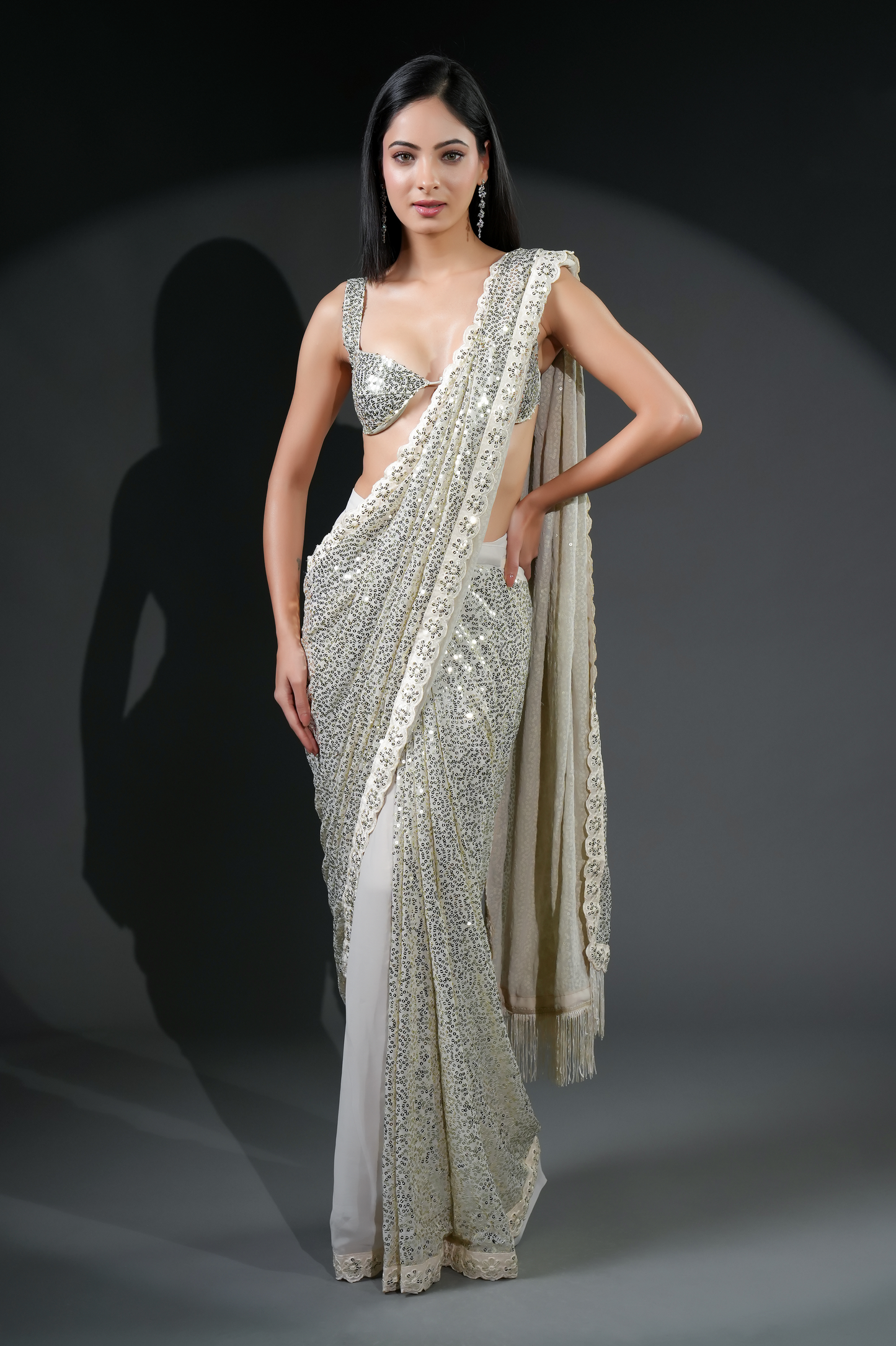 Premium Luxe Sequin Infused Ready-to-Wear Saree with Designer Blouse Fabric