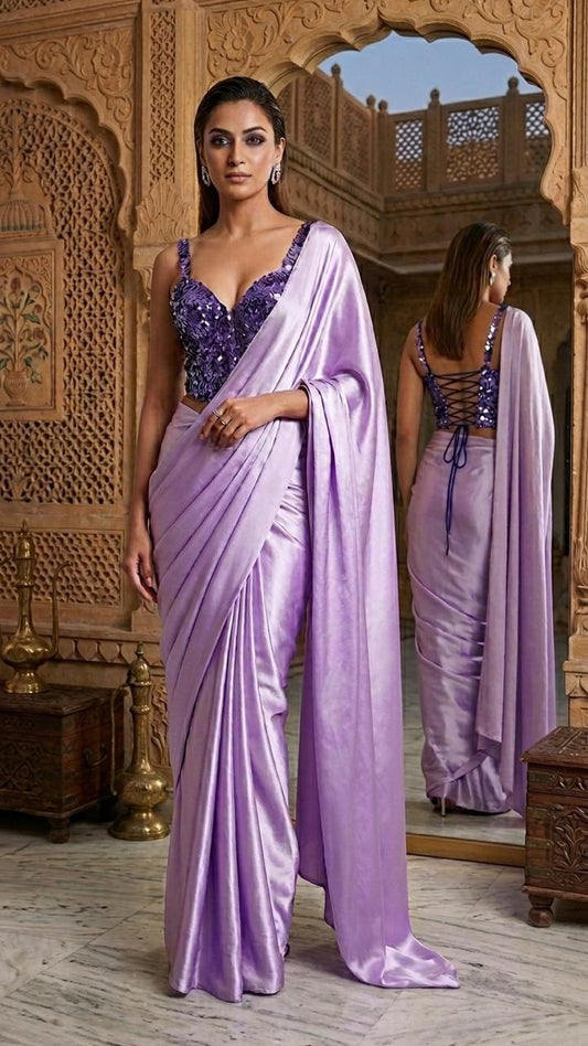 Dreamy Lilac Satin Saree With Heavy Sequins Blouse Fabric
