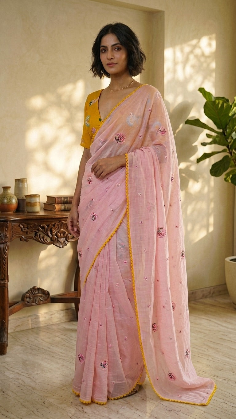 Charming Pastel Pink Embroidered Mul Chanderi Saree with Embroidered Blouse Fabirc
