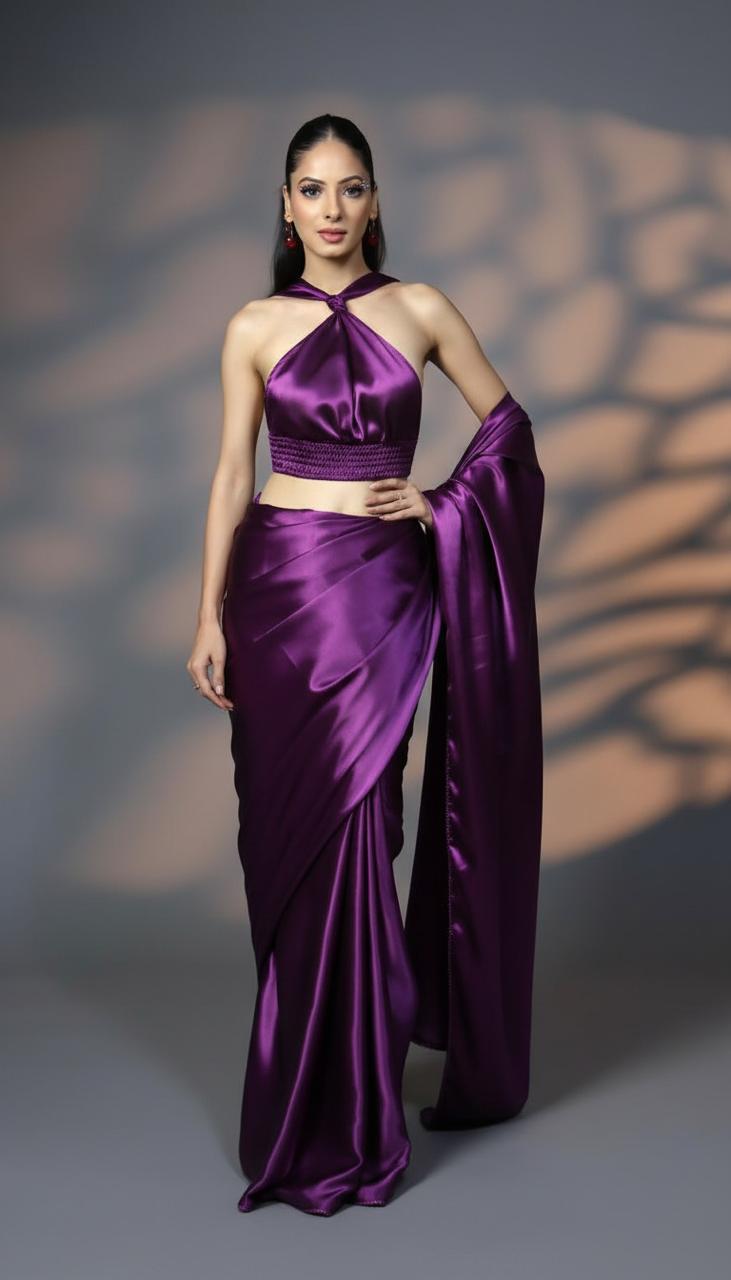 Imperial Plum Premium Satin Silk Saree with Blouse Fabric
