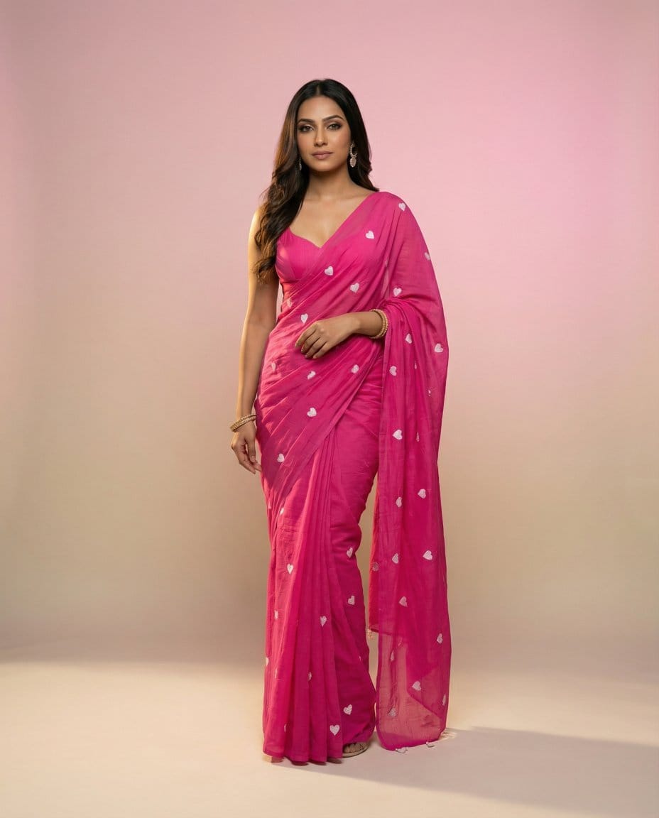 Romantic Fuchsia Heart Thread Embroidered Pure Mul Cotton Saree
