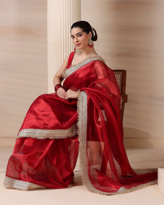 Ravishing Scarlet Radiance Tissue Saree with Luxe Hand Embellished Border