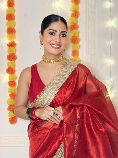 Ravishing Scarlet Radiance Tissue Saree with Luxe Hand Embellished Border
