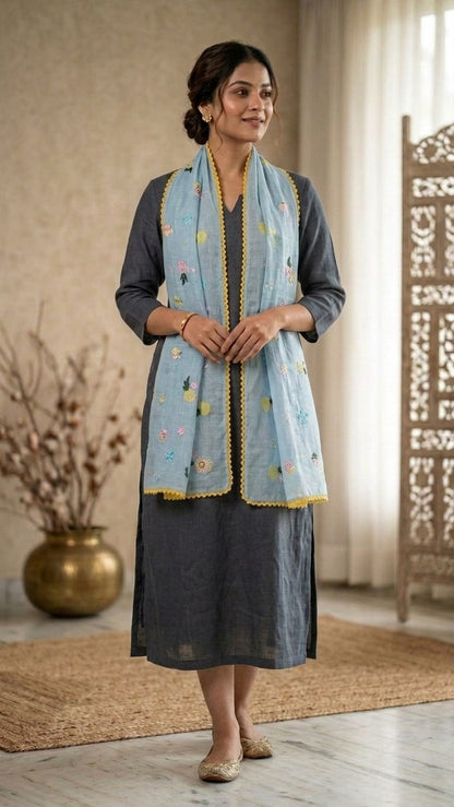 Serene Sky Blue Floral Mul Chanderi Embroidered Lace Stole