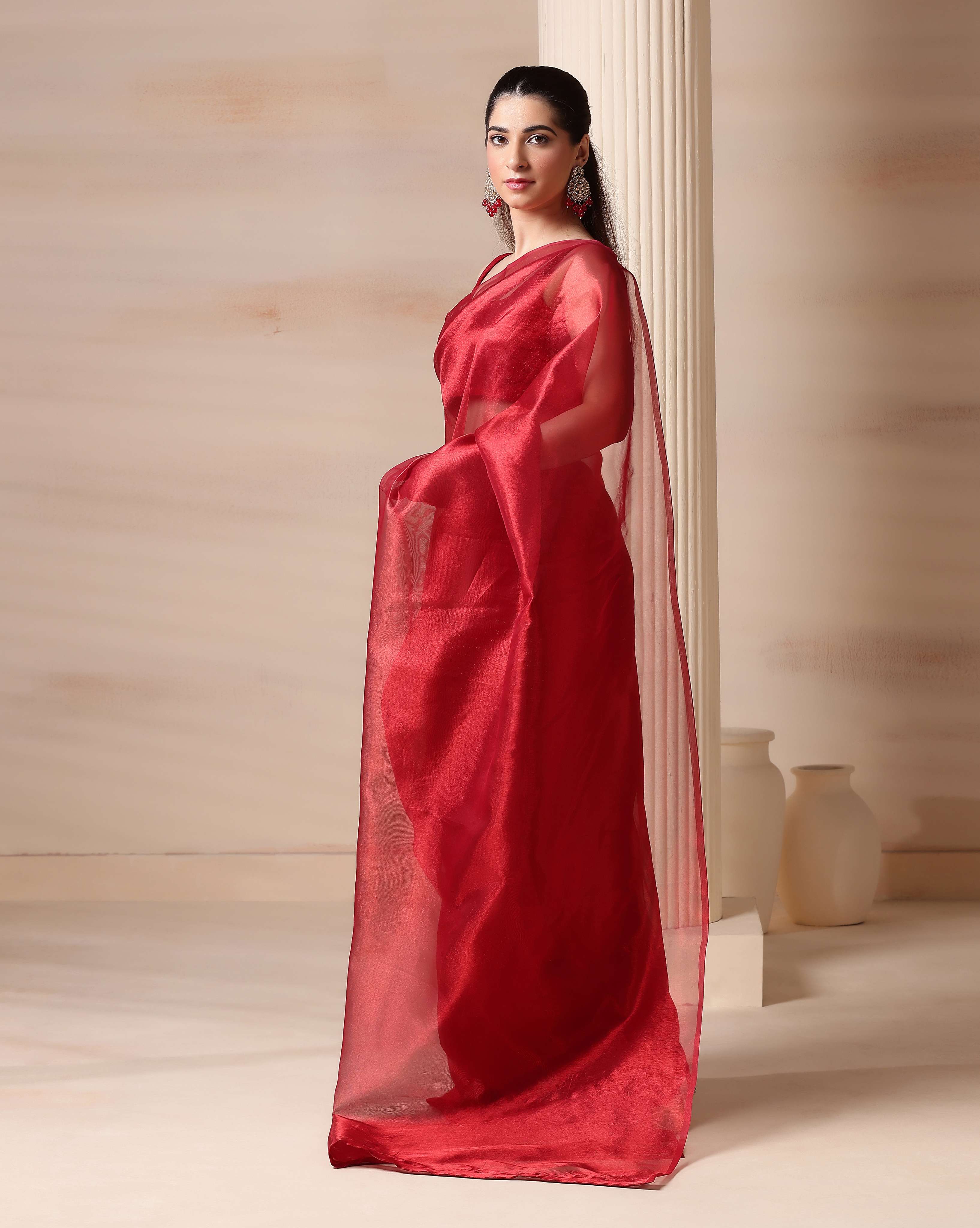 Elegant Red Glow Premium Tissue Saree with Blouse Fabric