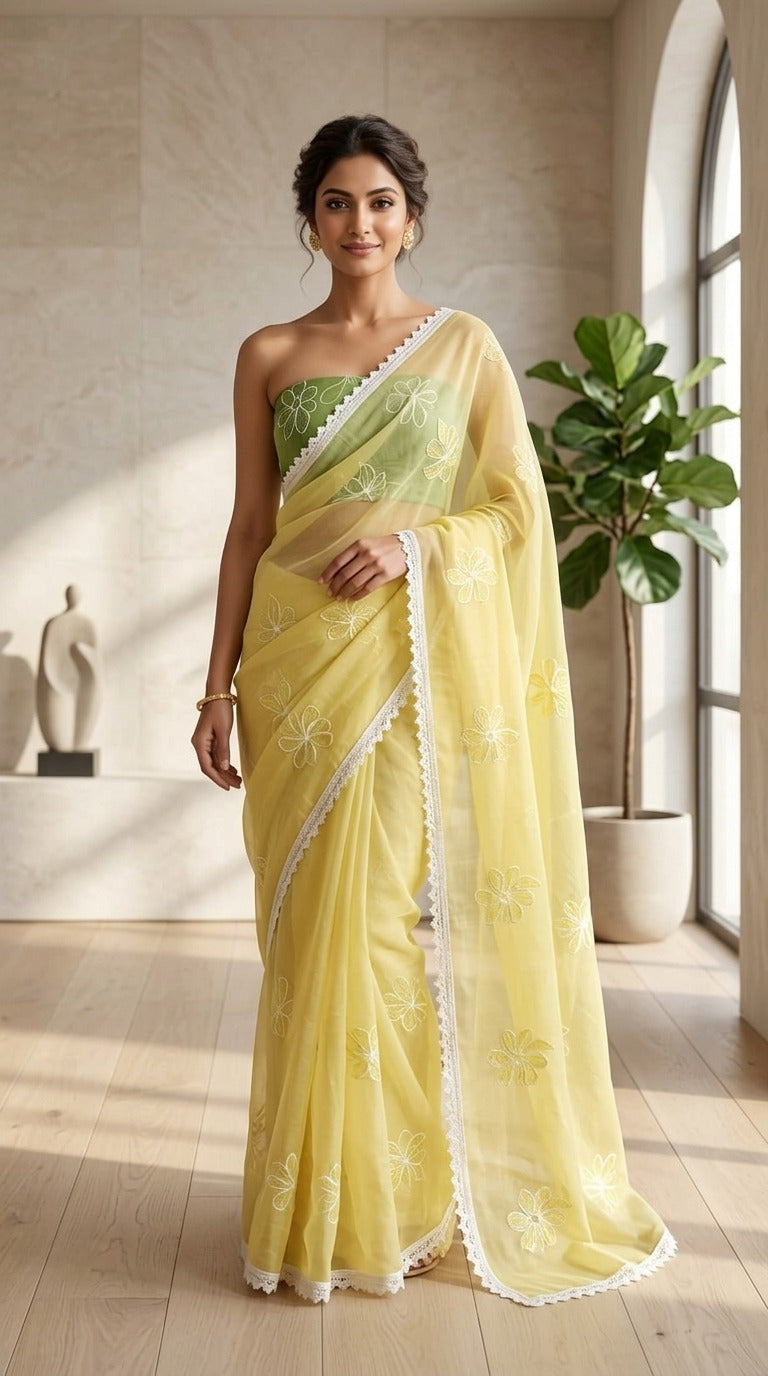 Enchanting Lemon Bloom Pure Mul Chanderi Embroidered Saree with Blouse Fabric