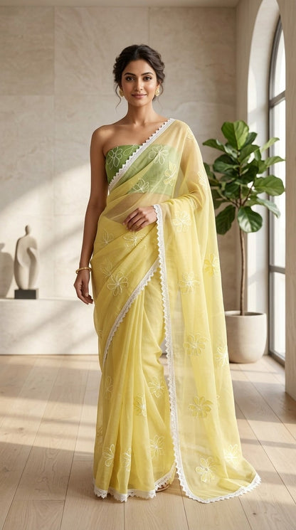 Enchanting Lemon Bloom Pure Mul Chanderi Embroidered Saree with Blouse Fabric