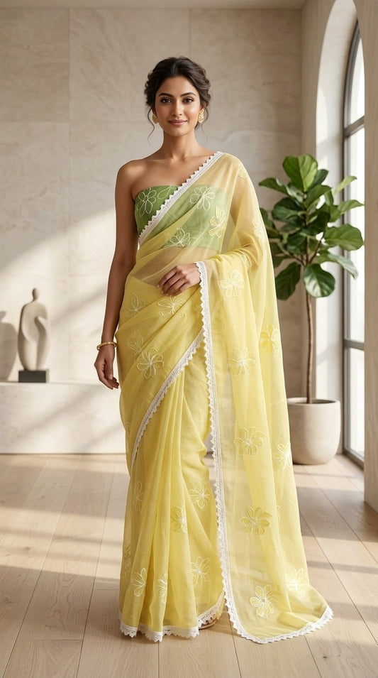 Enchanting Lemon Bloom Mul Chanderi Embroidered Saree With Embroidered Blouse