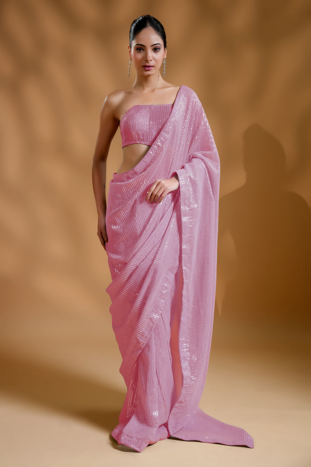 Blush Drape Sequins Luxe Saree with Blouse Fabric