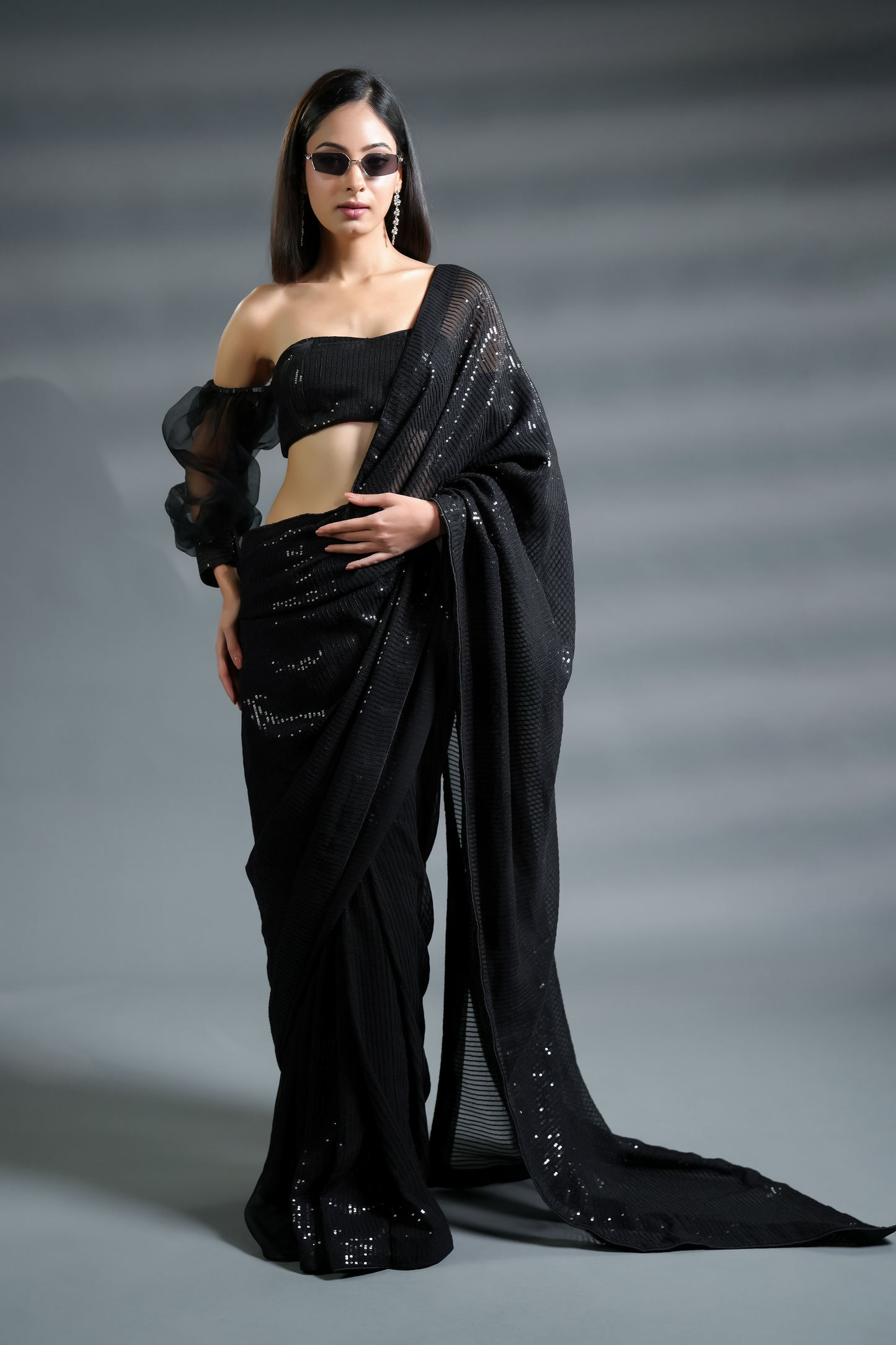 Dazzling Black Ready-to-Wear Premium Sequin Saree and Blouse Fabric