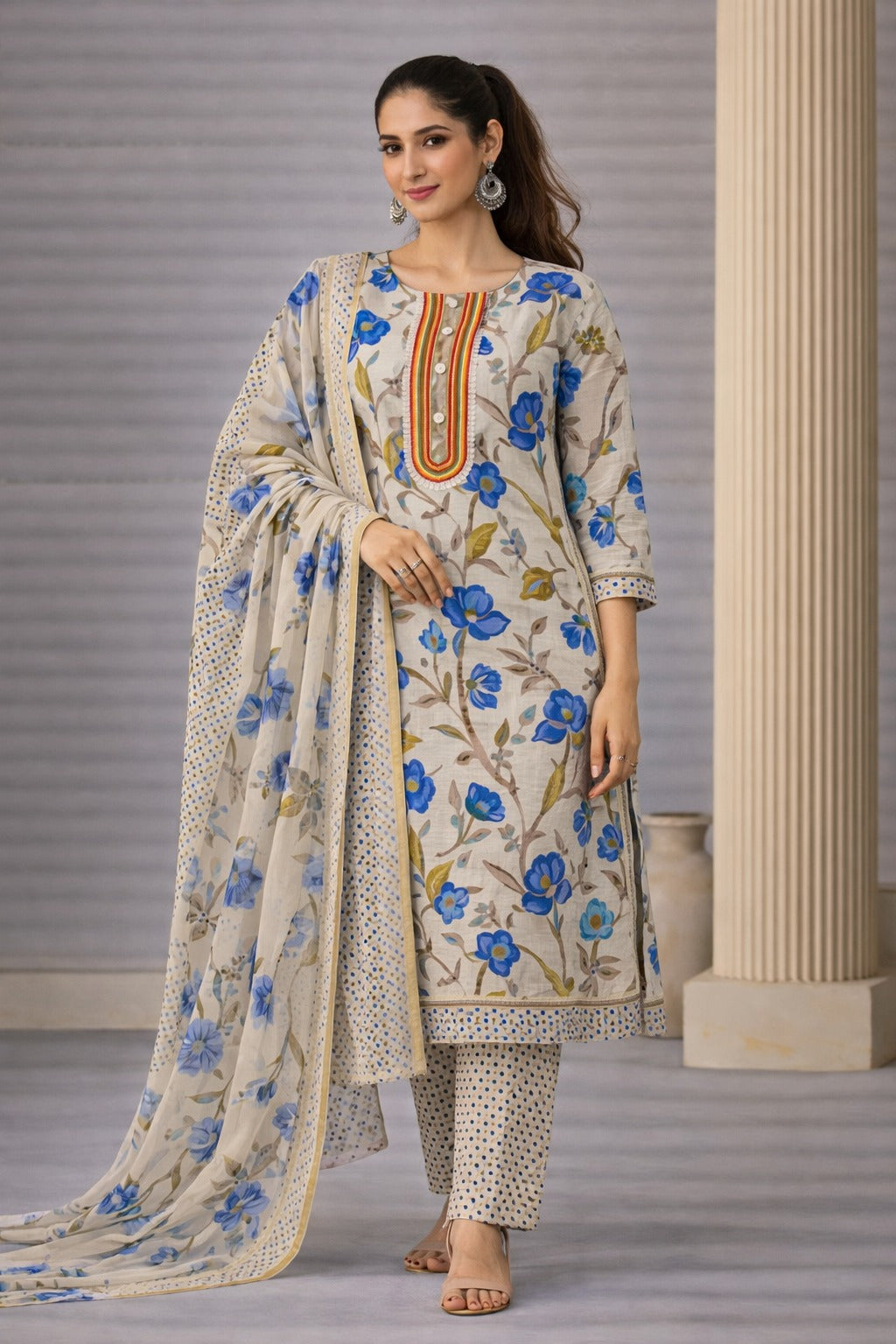 Vintage Floral & Polka Dot Hand-Block Unstitched Cotton Suit Set