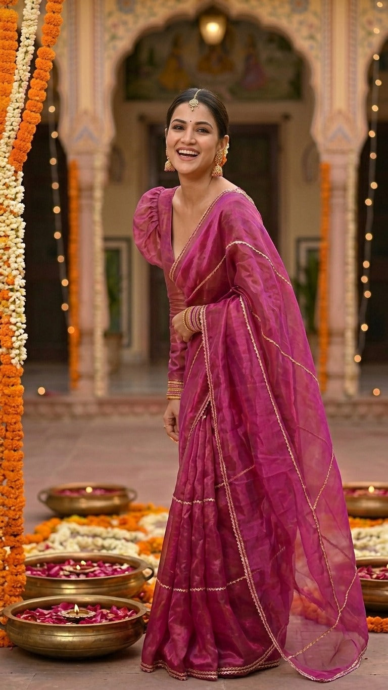 Gulabi Noor Tissue Silk Saree with Lace Work & Blouse Fabric