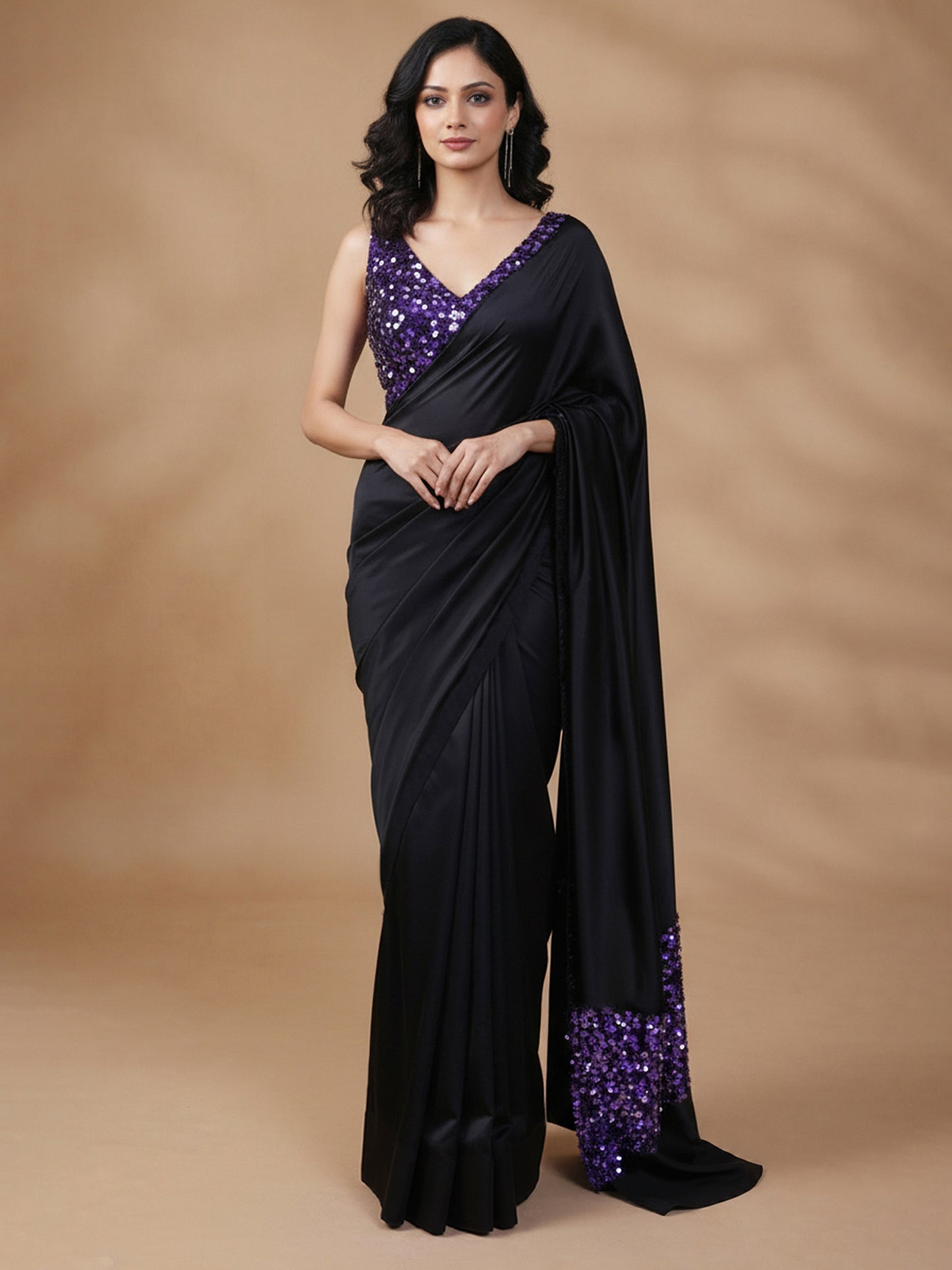Gorgeous Black Sequins Silk Saree with Sequins Unstitched Blouse