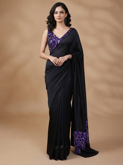 Gorgeous Black Sequins Silk Saree with Sequins Unstitched Blouse