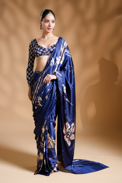 Premium Satin Blue Ready to Wear Saree and Blouse Fabric