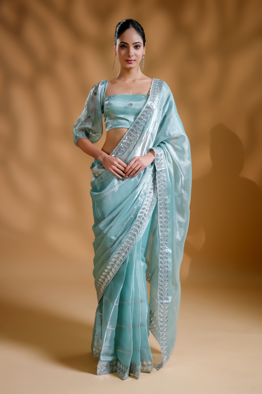 Elegant Aqua Light Embroidered Ready to Wear Saree with  Blouse Fabric