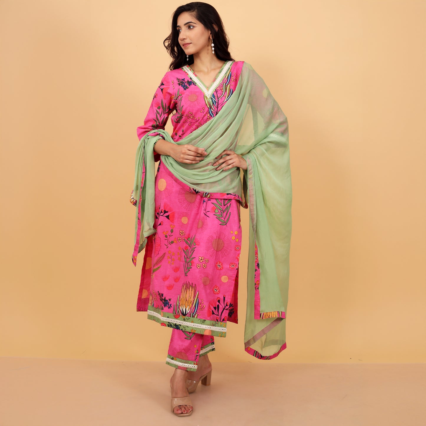 Floral Cotton Kurta and Bottoms with Dupatta Ensemble