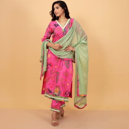 Floral Cotton Kurta and Bottoms with Dupatta Ensemble