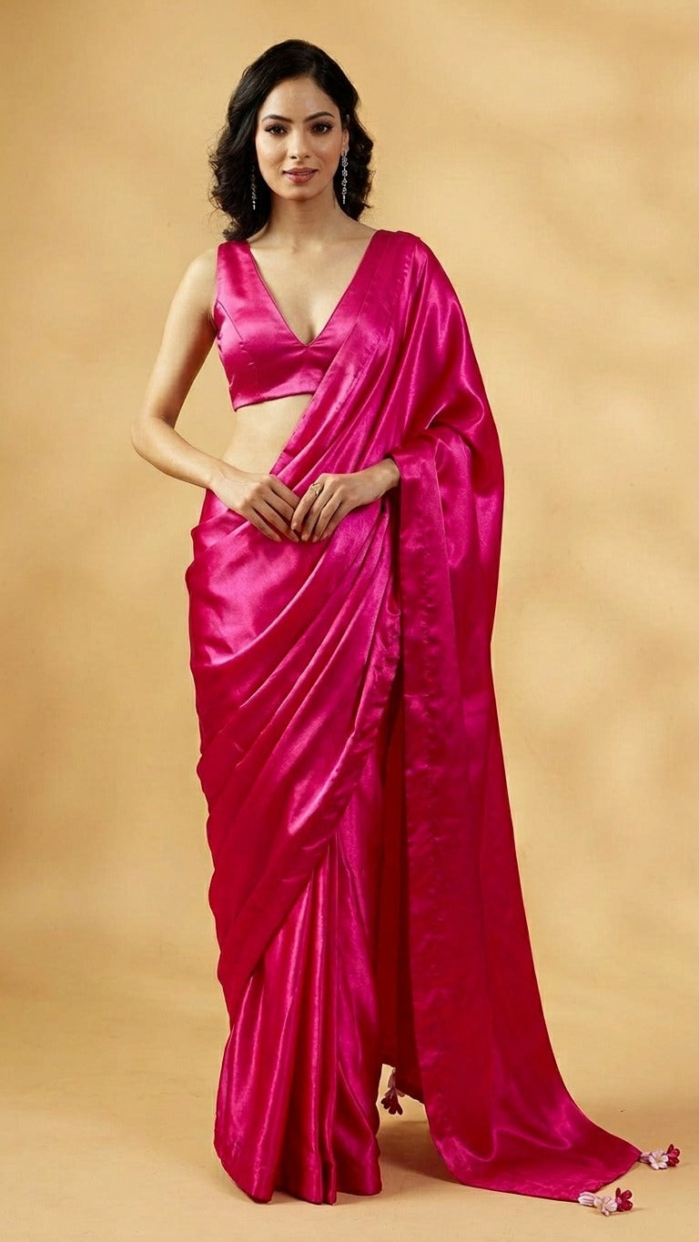 Gulabi Satin Glow Saree with Handcrafted Tassels & Blouse Fabric