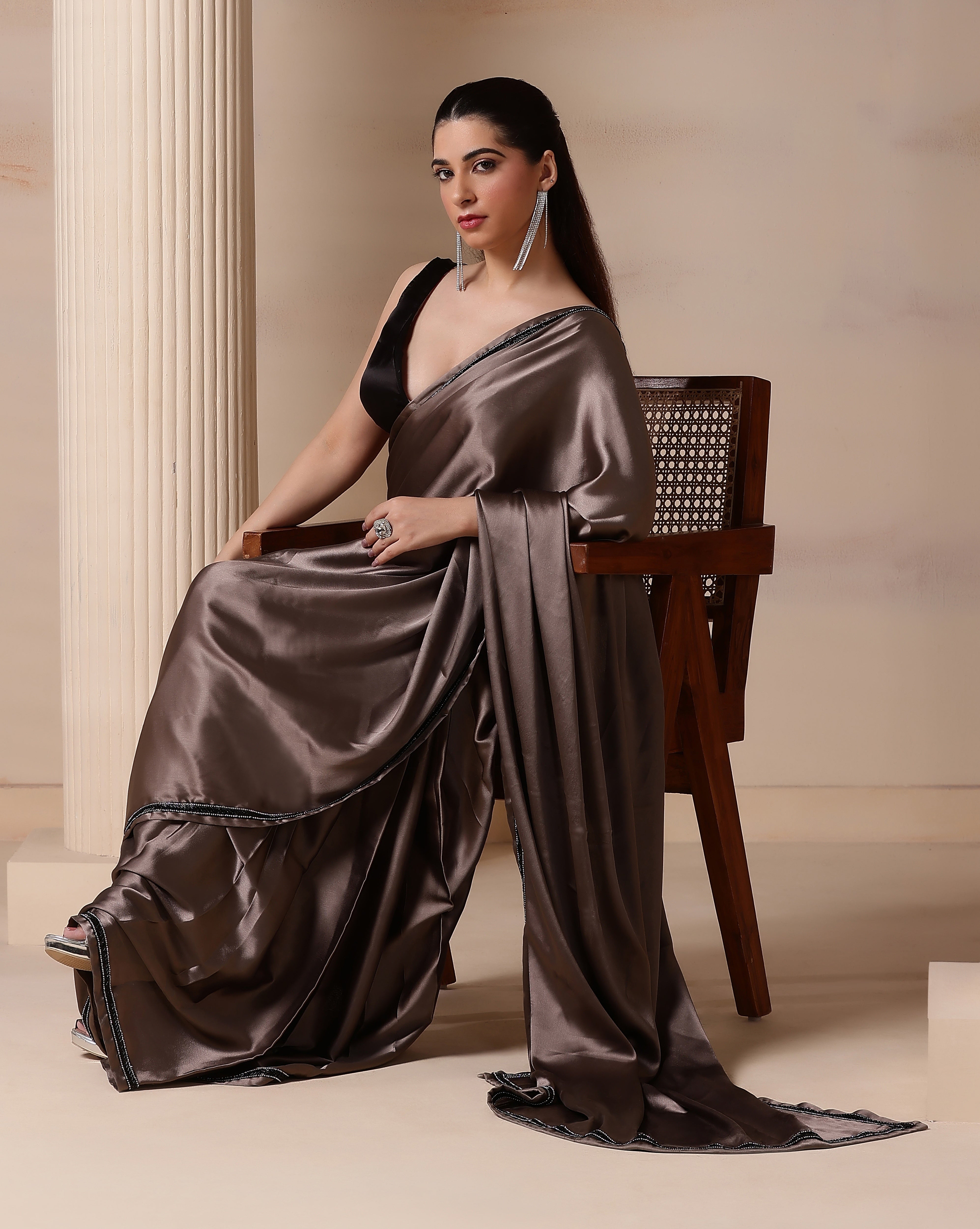 Pearl Smoke Premium Satin Embroidered Aura Saree with Blouse Fabric