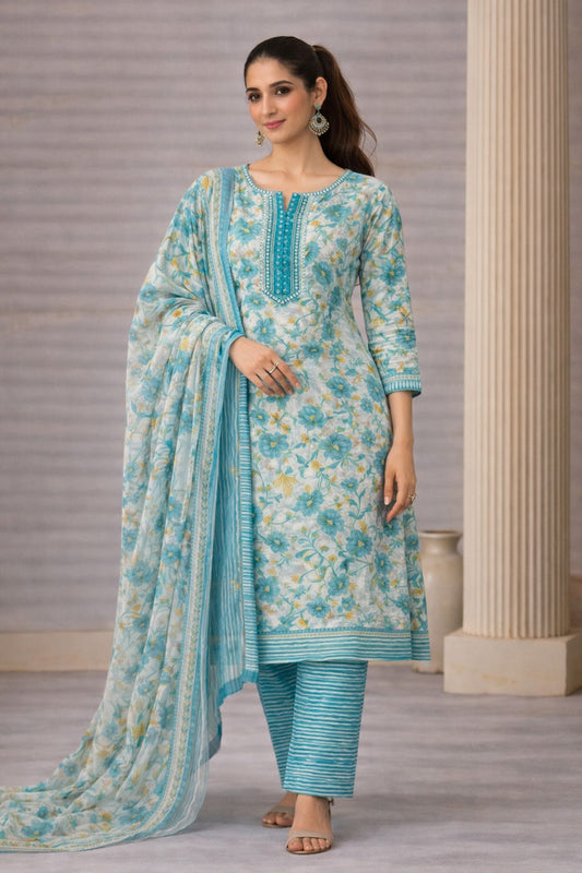 Sea Blue Floral Cotton Unstitched Suit Set & Striped Dupatta