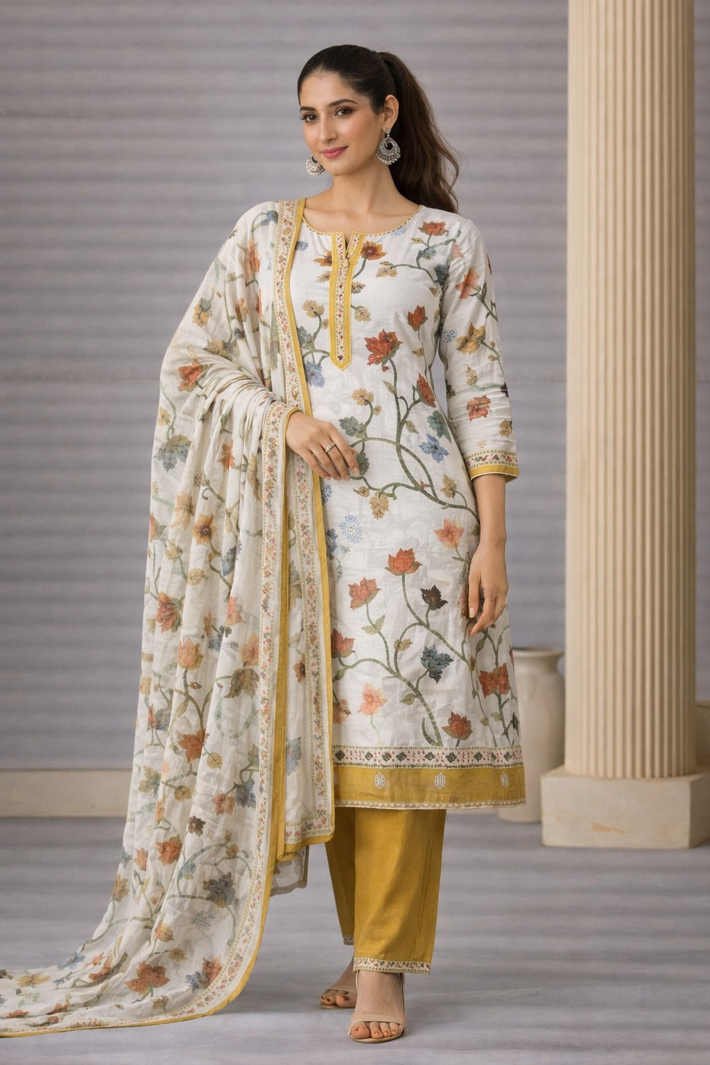 Mustard & Olive Botanical Unstitched Suit Set