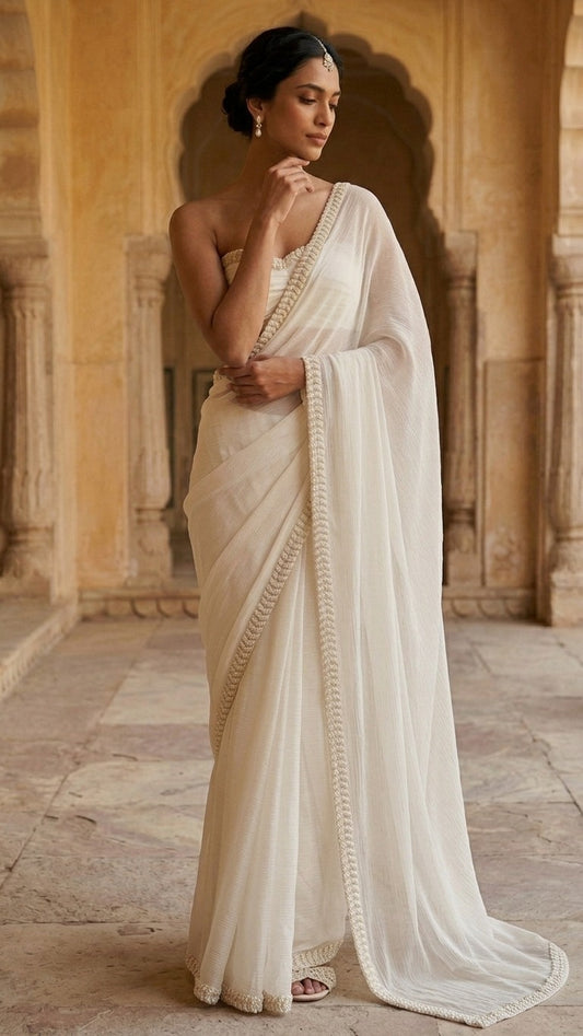 Luxe Crushed Chiffon White Saree