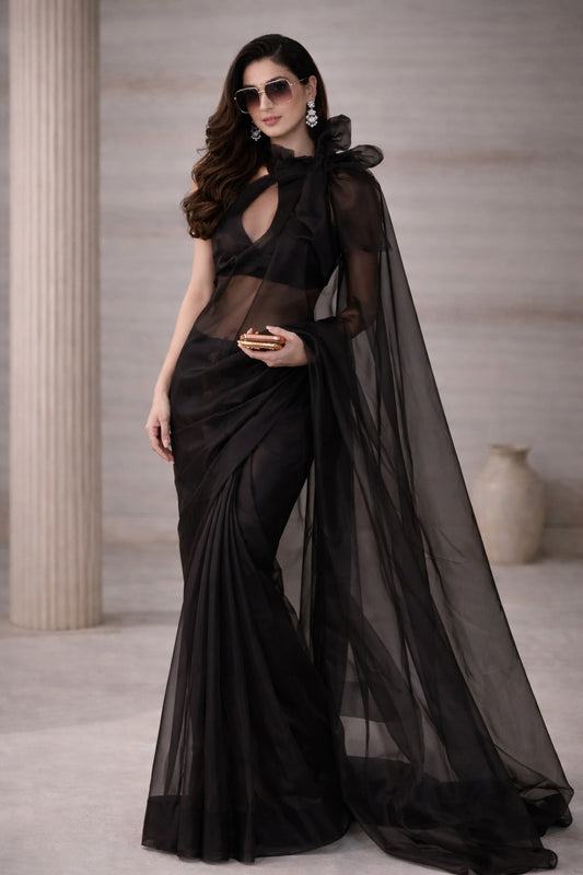 Luxury Black Organza Cocktail Saree with Blouse Fabric