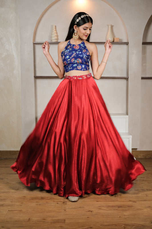 Exotic Blue & Red Embroidered Silk Skirt Set
