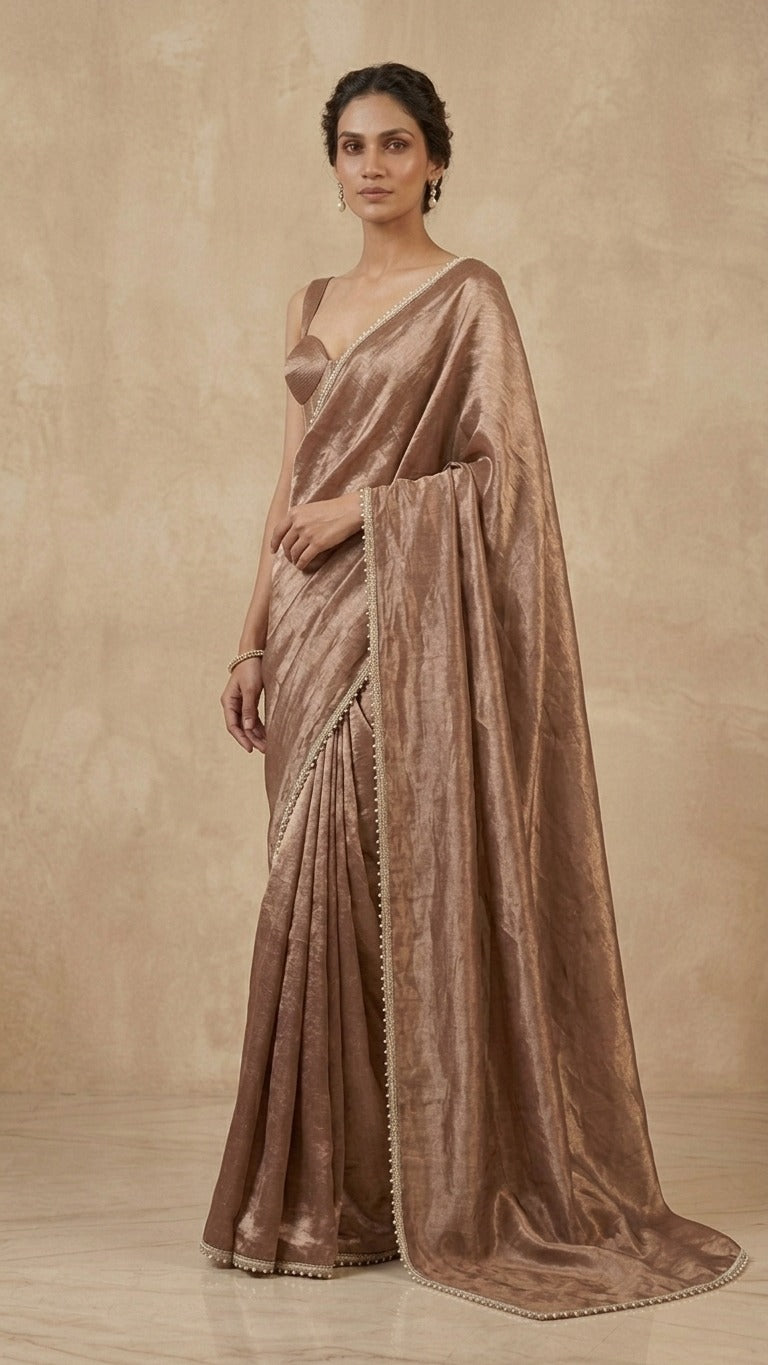 Mesmeric Brown Tissue Silk Saree with Pearl Detailing & Blouse Fabric