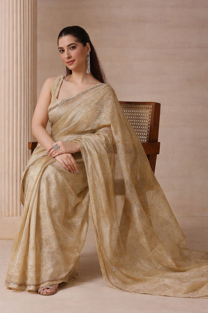 Regal Silver Gold Shimmer Embroidered Crush Tissue Saree with Blouse Fabric