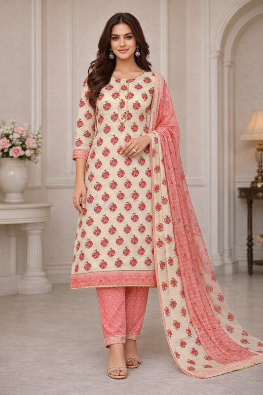 Peach Blossom Printed Cotton Unstitched Suit Set