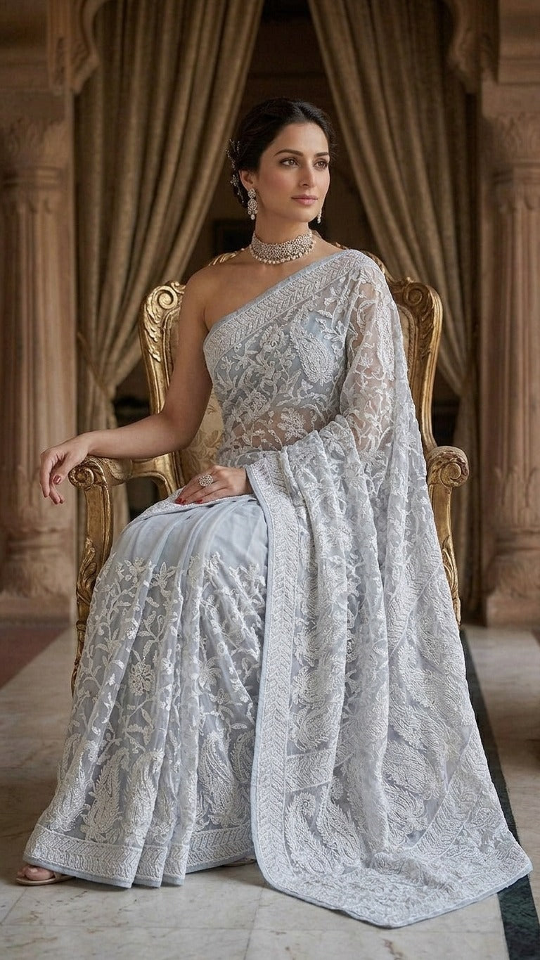 Icy Blue Pure Georgette Heavy Chikankari Embroidery Saree with Blouse Fabric