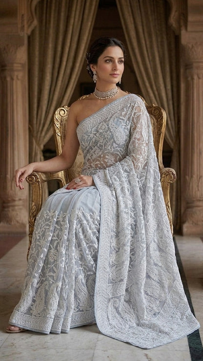 Icy Blue Pure Georgette Heavy Chikankari Embroidery Saree with Blouse Fabric