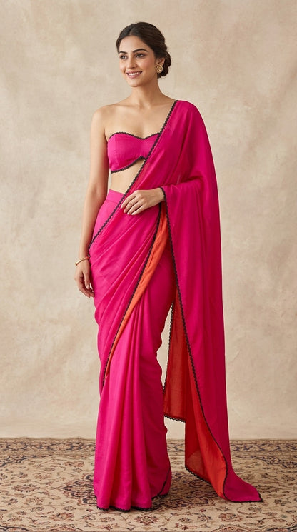 Hot Pink Chroma Saree with Scalloped Lace Detail & Blouse Fabric