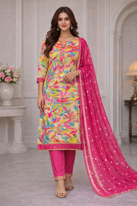 Multicolor Abstract Printed Cotton Unstitched Suit Set with Pink Dupatta