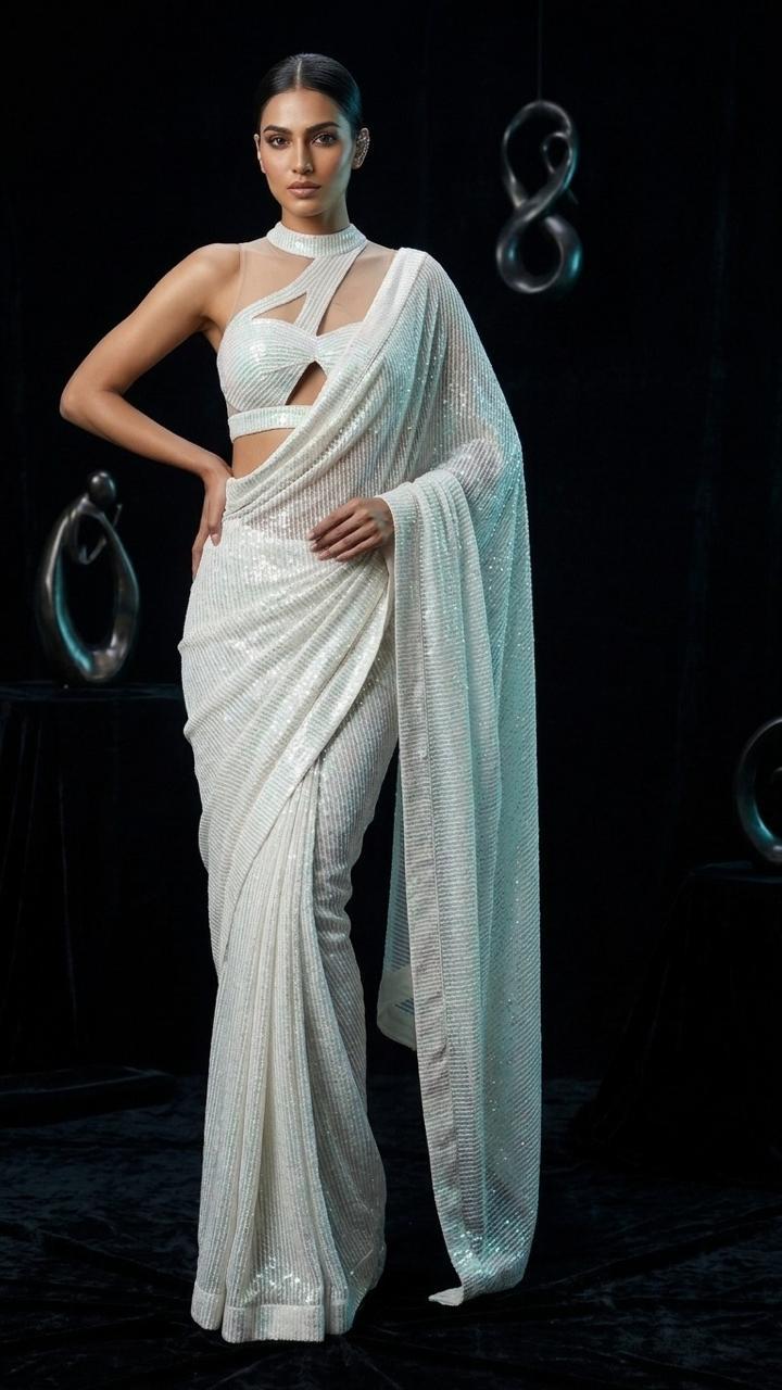 Rainbow Fairytale Sequin Glam Saree with Blouse Fabric